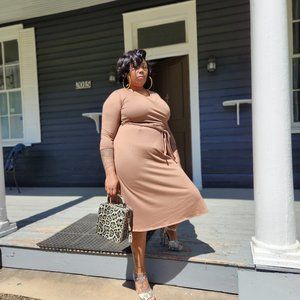 Brown Midi Faux Wrap Dress